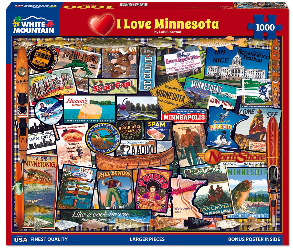 1000 Piece Jigsaw Puzzle - I Love Minnesota – White Mountain Puzzles