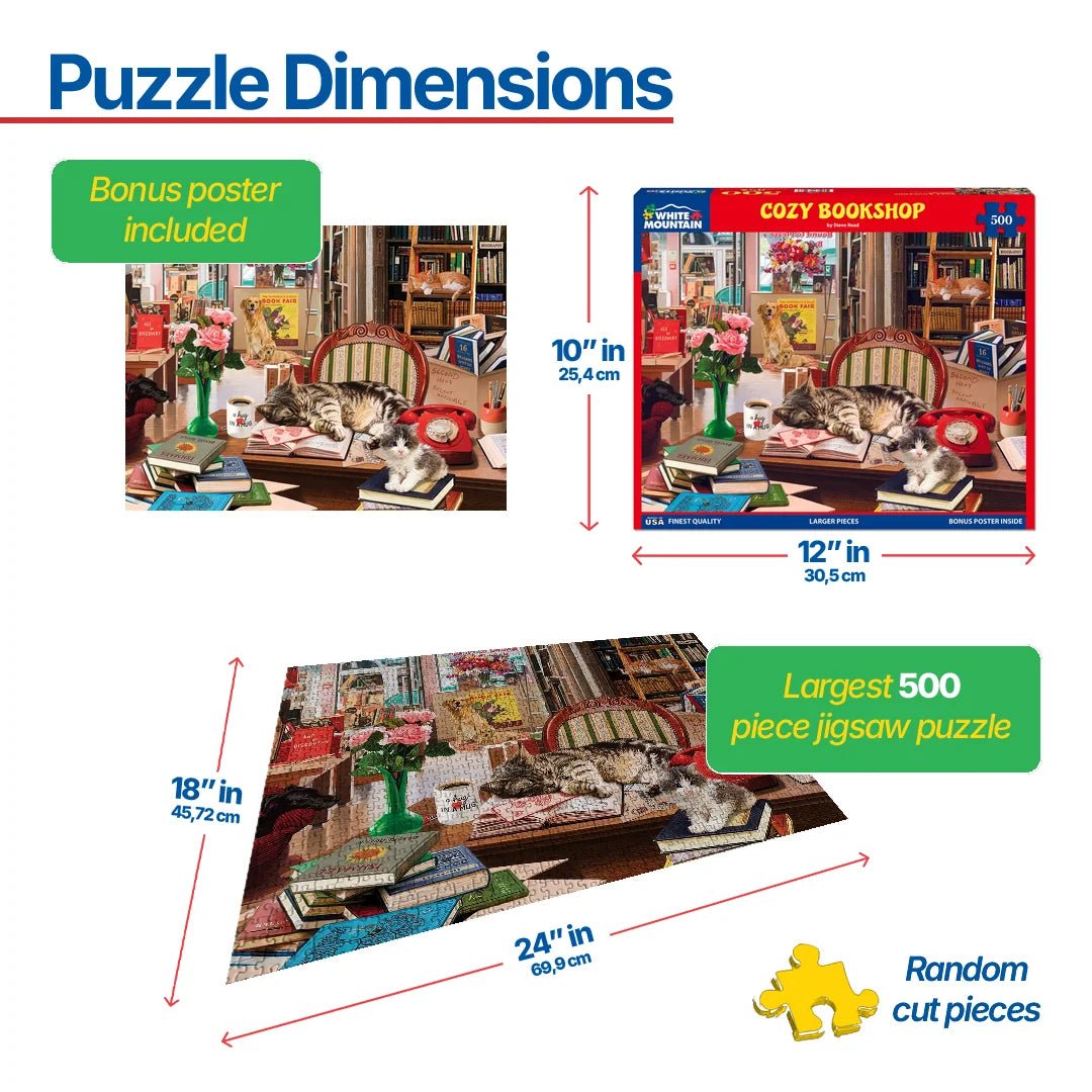 500 Piece Jigsaw Puzzle - Cozy Bookshop – White Mountain Puzzles