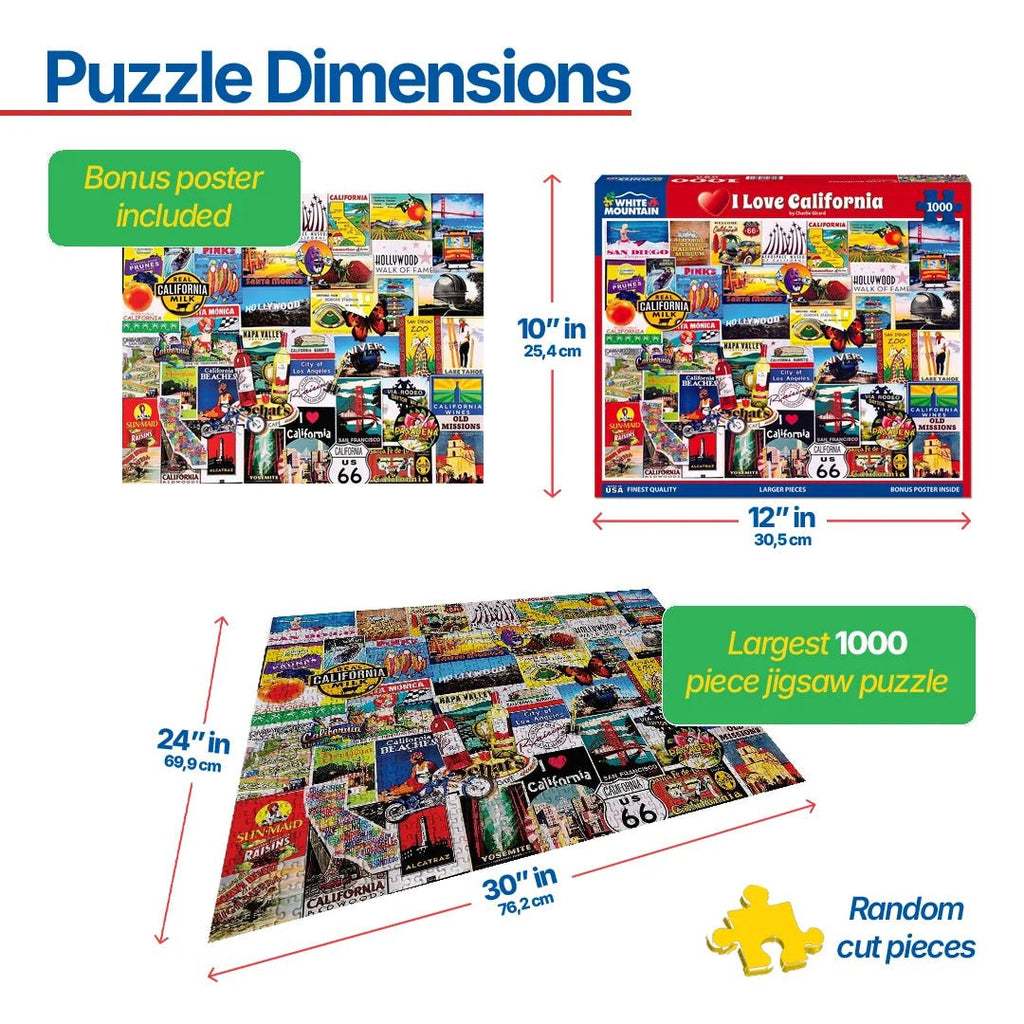 1000 Piece Jigsaw Puzzle - I Love California – White Mountain Puzzles